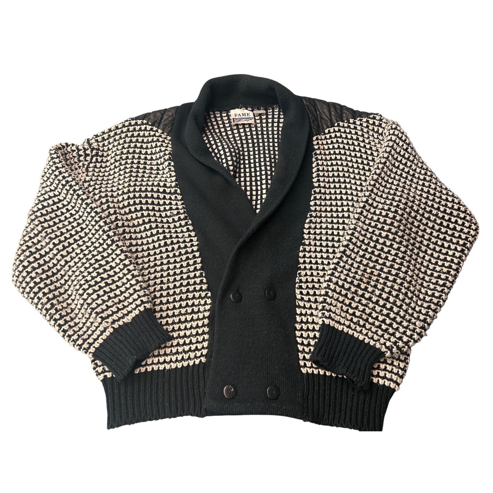 Fame Vintage 80's Black White Chunky Knit Collared Cardigan Leather Patches XL
